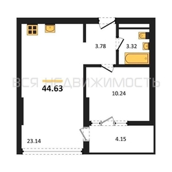 1-комнатная квартира, 44.63кв.м 1-комнатная квартира, 44.63кв.м - изображение 1