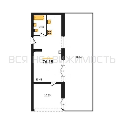 1-комнатная квартира, 74.18кв.м - изображение