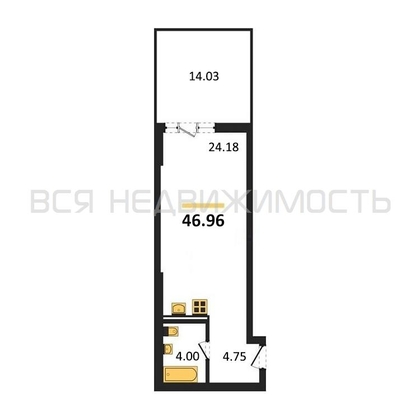 квартира-студия, 46,96кв.м. квартира-студия, 46,96кв.м. - изображение