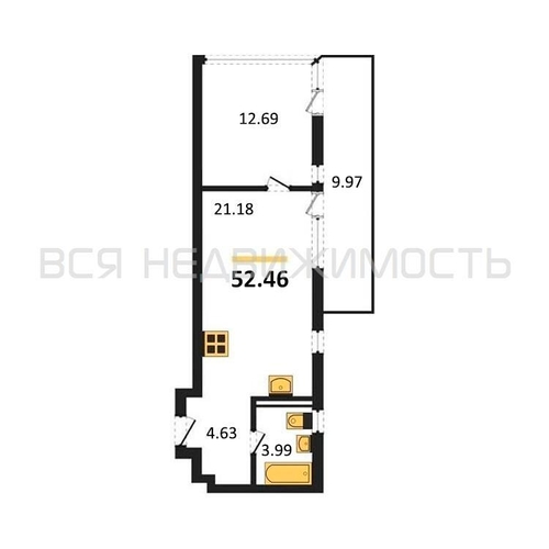 1-комнатная квартира, 52.46кв.м - изображение 0