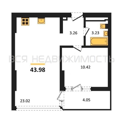 1-комнатная квартира, 43.98кв.м - изображение