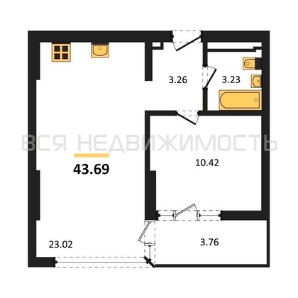 1-комнатная квартира, 43.69кв.м - изображение
