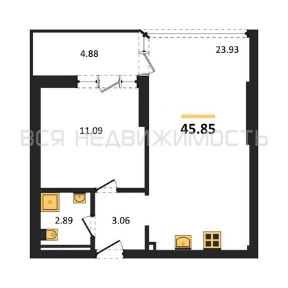 1-комнатная квартира, 45.85кв.м - изображение