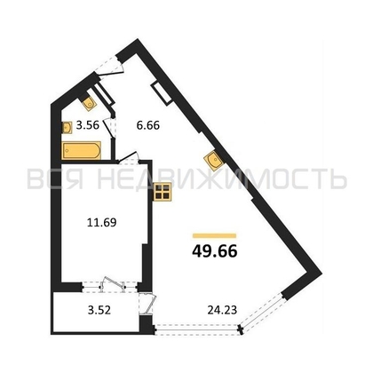 1-комнатная квартира, 49.66кв.м - изображение