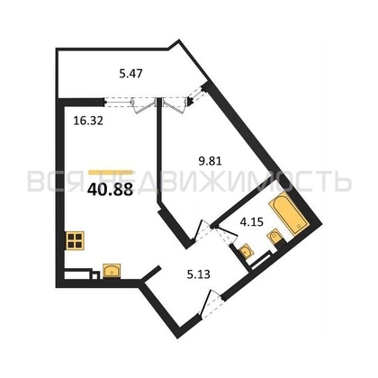 1-комнатная квартира, 40.88кв.м - изображение