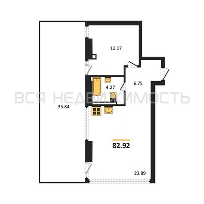 1-комнатная квартира, 82.92кв.м - изображение