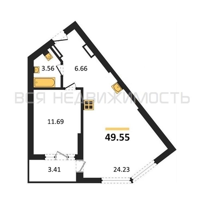 1-комнатная квартира, 49.55кв.м - изображение