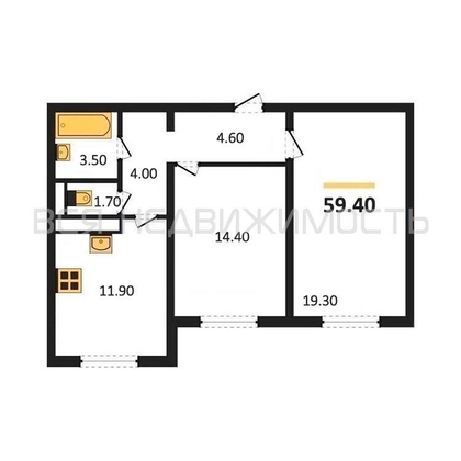 2-комнатная квартира, 59.4кв.м - изображение