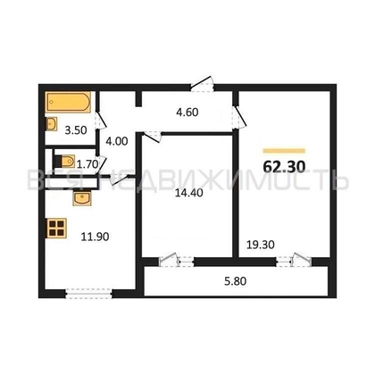 2-комнатная квартира, 62.3кв.м - изображение