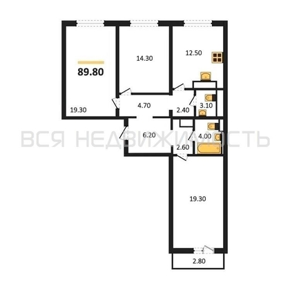 3-комнатная квартира, 89.8кв.м - изображение