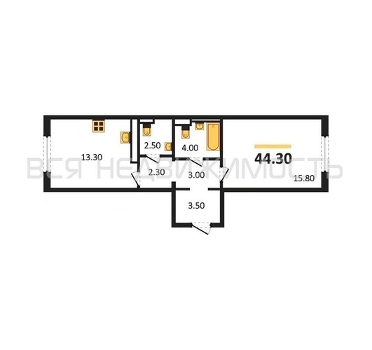 1-комнатная квартира, 44.3кв.м - изображение 0
