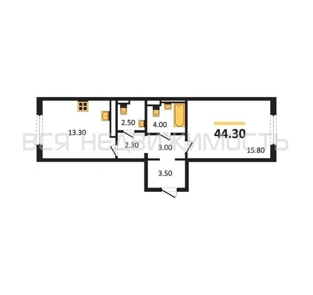 1-комнатная квартира, 44.3кв.м - изображение