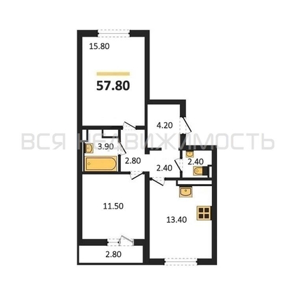 2-комнатная квартира, 57.8кв.м - изображение