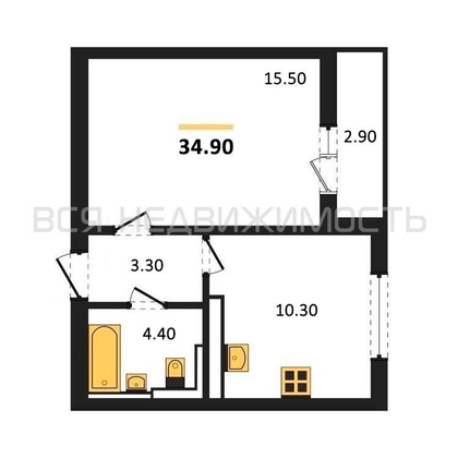 1-комнатная квартира, 34.9кв.м - изображение