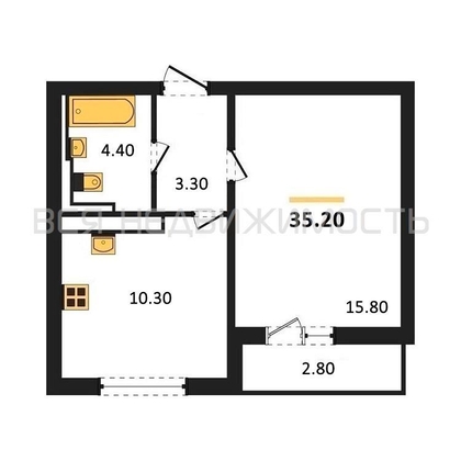 1-комнатная квартира, 35.2кв.м - изображение