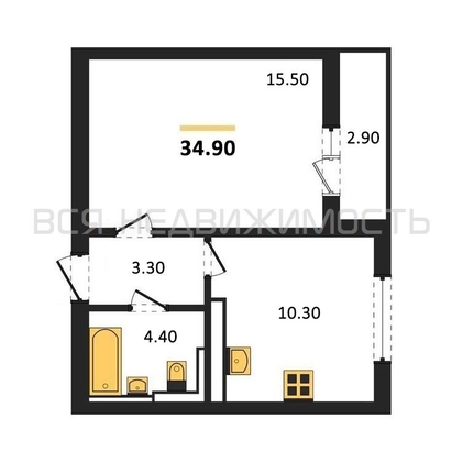 1-комнатная квартира, 34.9кв.м - изображение
