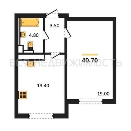 1-комнатная квартира, 40.7кв.м - изображение