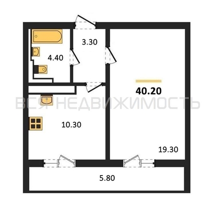 1-комнатная квартира, 40.2кв.м - изображение