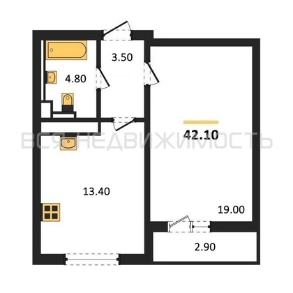 1-комнатная квартира, 42.1кв.м - изображение