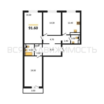 3-комнатная квартира, 91.6кв.м - изображение