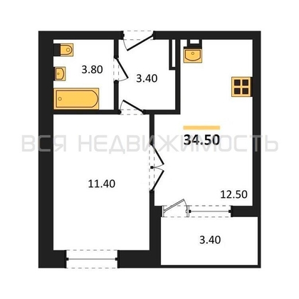 1-комнатная квартира, 34.5кв.м - изображение