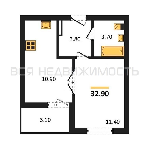 1-комнатная квартира, 32.9кв.м - изображение 0