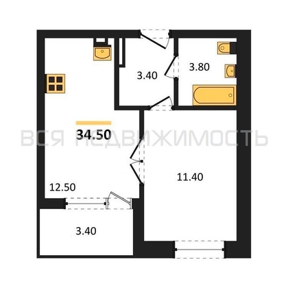 1-комнатная квартира, 34.5кв.м - изображение
