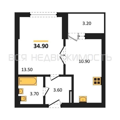 1-комнатная квартира, 34.9кв.м - изображение