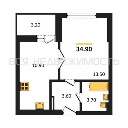 1-комнатная квартира, 34.9кв.м - изображение