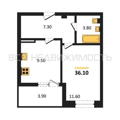 1-комнатная квартира, 36.1кв.м - изображение