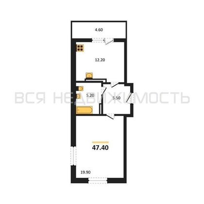 1-комнатная квартира, 47.4кв.м - изображение