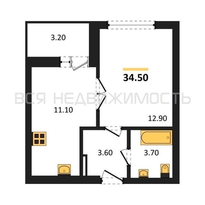 1-комнатная квартира, 34.5кв.м - изображение