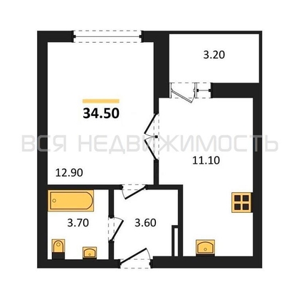 1-комнатная квартира, 34.5кв.м - изображение