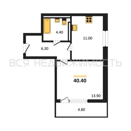 1-комнатная квартира, 40.4кв.м - изображение