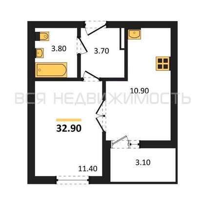 1-комнатная квартира, 32.9кв.м - изображение