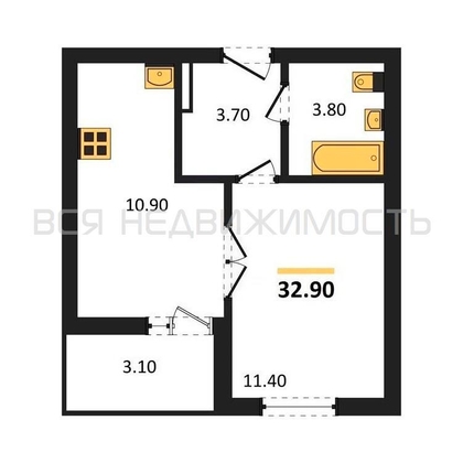 1-комнатная квартира, 32.9кв.м - изображение