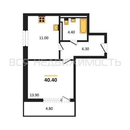 1-комнатная квартира, 40.4кв.м - изображение