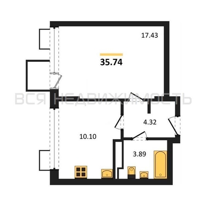 1-комнатная квартира, 35.74кв.м - изображение