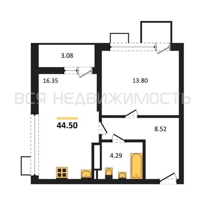 1-комнатная квартира, 44.5кв.м - изображение