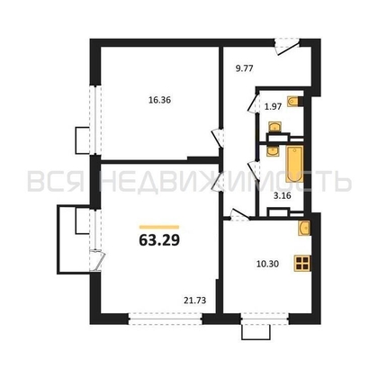 2-комнатная квартира, 63.29кв.м - изображение