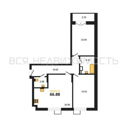 2-комнатная квартира, 66.88кв.м - изображение