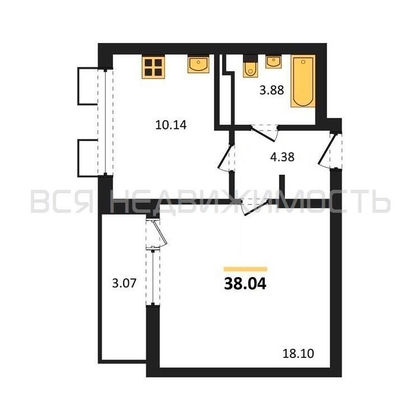 1-комнатная квартира, 38.04кв.м - изображение
