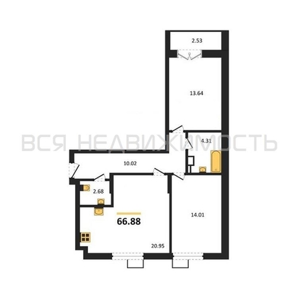 2-комнатная квартира, 66.88кв.м - изображение