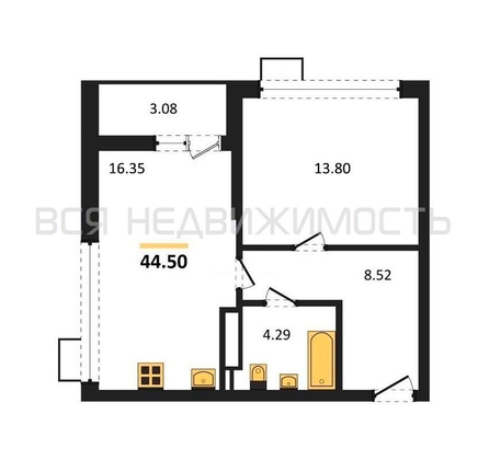 1-комнатная квартира, 44.5кв.м - изображение