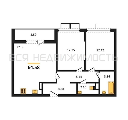 2-комнатная квартира, 64.58кв.м - изображение