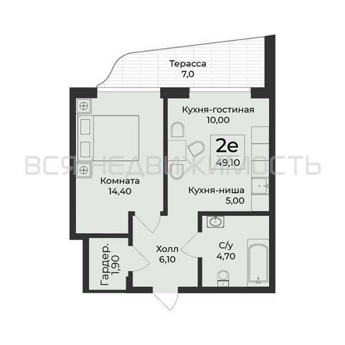 1-комнатная квартира, 49.1кв.м - изображение 0