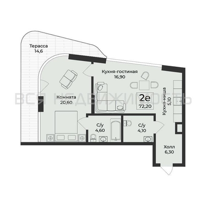 1-комнатная квартира, 72.2кв.м - изображение