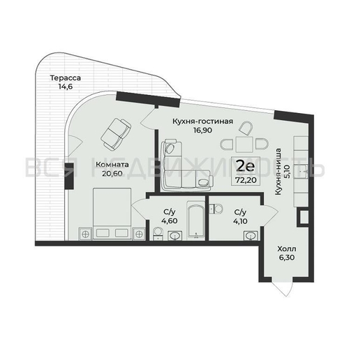 1-комнатная квартира, 72.2кв.м - изображение 0