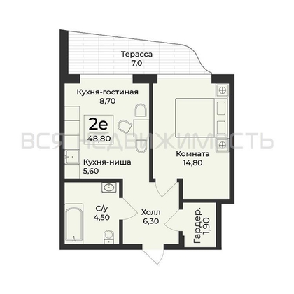 1-комнатная квартира, 48.8кв.м - изображение