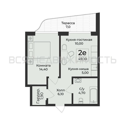 1-комнатная квартира, 49.1кв.м - изображение